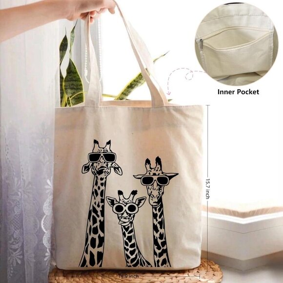 Brand New Giraffe Canvas Tote 15.7in Women's Durable Shoulder Bag - Picture 3 of 7